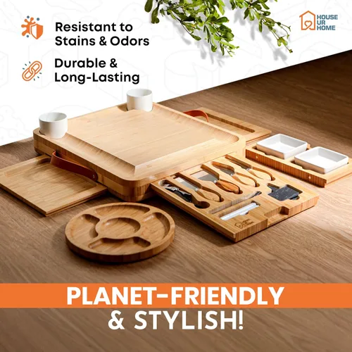 Vista 7 de Gran set de regalo de tabla de charcutería de bambú – 4 cajones ocultos, cuchillos de queso, tazones y platos de cerámica – Perfecto para Navidad