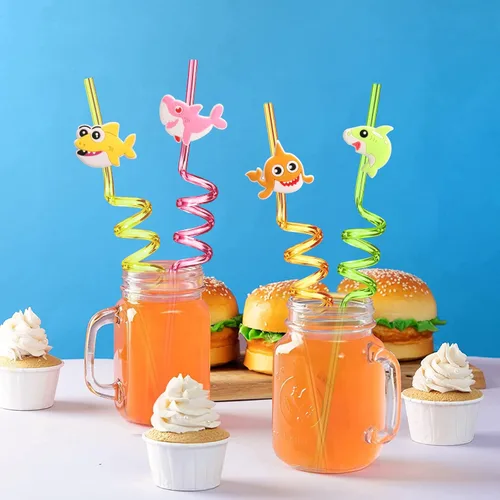 Vista 3 de 24 popotes de plástico reutilizables para niños y niñas, bebés, para natación, temática de tiburón océano, suministros de fiesta de cumpleaños