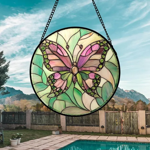 Vista 3 de DASTOLL Juego de 4 piezas para colgar vidrieras con temática de insectos rosa y verde de 6.3 pulgadas, diseño de mariposa, atrapasoles, puerta