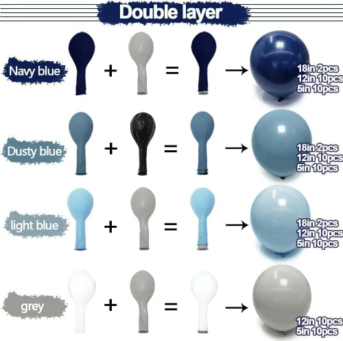 Vista 3 de Kit de arco de globos azul marino – Guirnalda de globos azul claro polvorientos de doble relleno, globos pastel de látex gris oscuro para baby