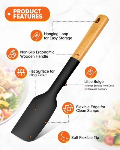 Vista 3 de Juego de cucharas de espátula de silicona, ideal para mezclar, plegar, raspar y esparcir, silicona mate resistente sin BPA, cuchara de goma con Negro