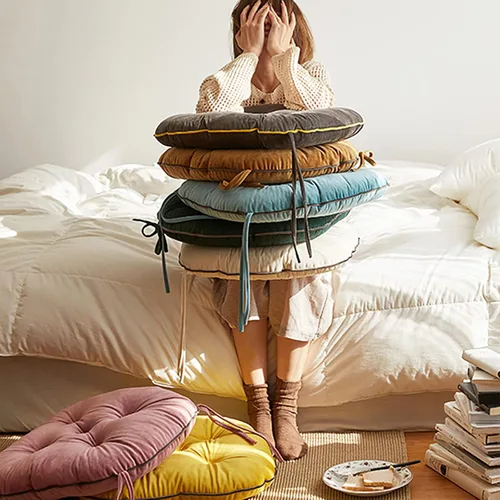 Vista 7 de Cojín para silla, cojín grueso para el suelo, cómodo y suave, cojín de terciopelo para silla con lazos, cojín de meditación para dormitorio, balcón
