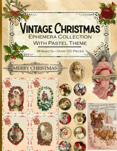 Vintage Christmas Ephemera Collection with Pastel Theme 18 Sheets and Over 120 Pieces for Cut Out and Collage Projects, DIY Cards, Scrapbooking, ...