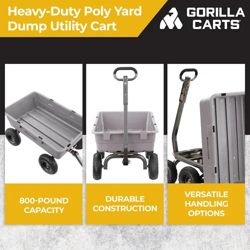 Vista 2 de Gorilla Carts Carretilla Volquete de Polietileno Resistente, Contenedor de 5 Pies Cúbicos, Capacidad de Transporte de 800 Libras, Gris – Vagón