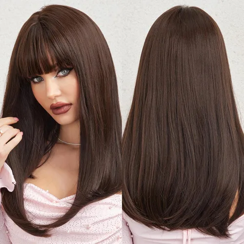 Vista 21 de HAIRCUBE - Peluca marrón con reflejos rubios, peluca larga y rizada con flequillo, peluca marrón de apariencia natural, peluca sintética resistente