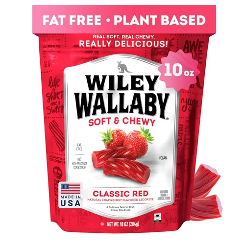 Wiley Wallaby Regaliz 10 onzas Regaliz gourmet clásico suave y masticable estilo australiano rojo, twists de caramelo, 1 paquete