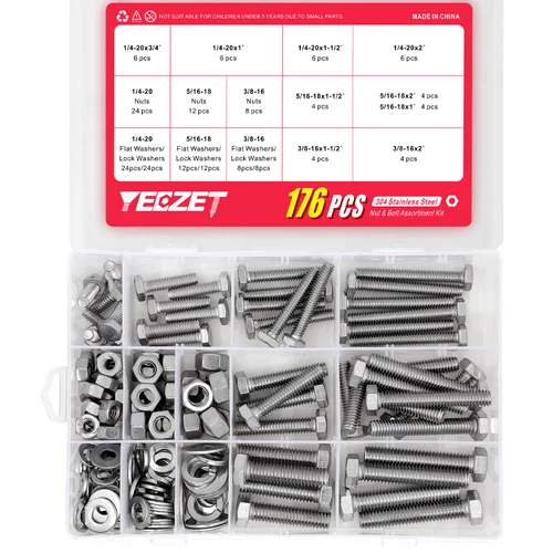 Vista 3 de Kit surtido de tornillos y tuercas de alta resistencia de 176 piezas, acero inoxidable 304, incluye 9 tamaños más comunes (14-20, 516-18, 38-16)