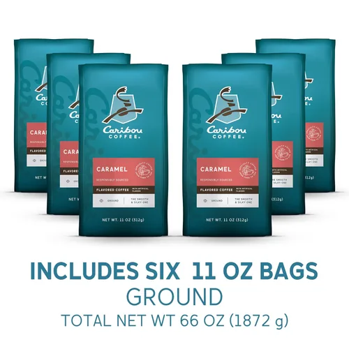 Vista 3 de Caribou Coffee, Medium Roast Ground Coffee, 100% Arabica Coffee - Caramel Flavored 66 Ounces (6 Bags of 11 Ounces)