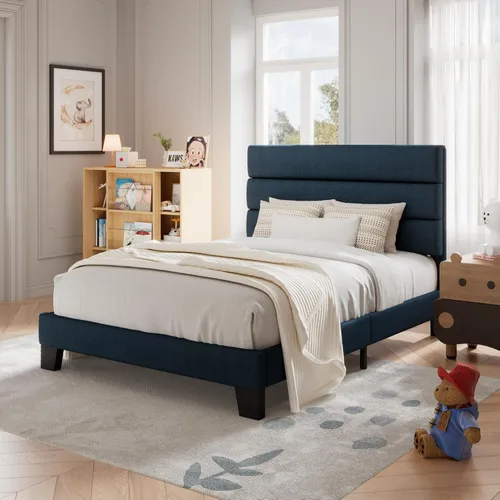 Vista 27 de Allewie Base de cama de plataforma de tamaño individual con cabecera tapizada de tela y soporte de listones de madera, base de colchón totalmente