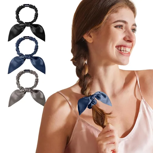 Vista 15 de THXSILK Coleteros de seda con lazo para mujer, de seda de morera pura, para niñas y mujeres, cabello grueso, negro, 2.8 pulgadas