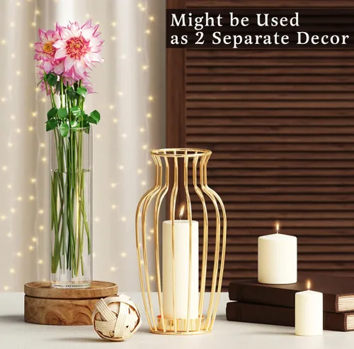 Vista 3 de Florero elegante dorado moderno geométrico dorado para centros de mesa, jarrón de cristal, ideal para decoración de estantes, jarrón moderno