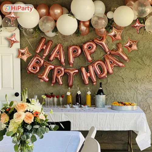 Vista 5 de Pancarta de cumpleaños (oro rosa 3D) globos de Mylar de aluminio de feliz cumpleaños, 23 piezas de decoraciones de fiesta de cumpleaños con 6 globos