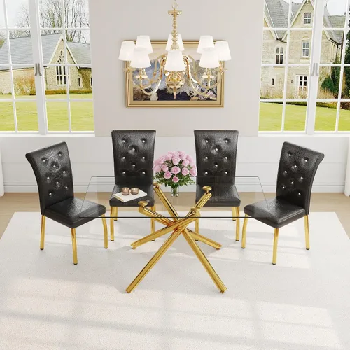 Vista 49 de Juego de mesa de comedor moderna para mesa de comedor negra de 4,63 pulgadas, juego de 4 con patas de metal dorado, mesa de cocina rectangular