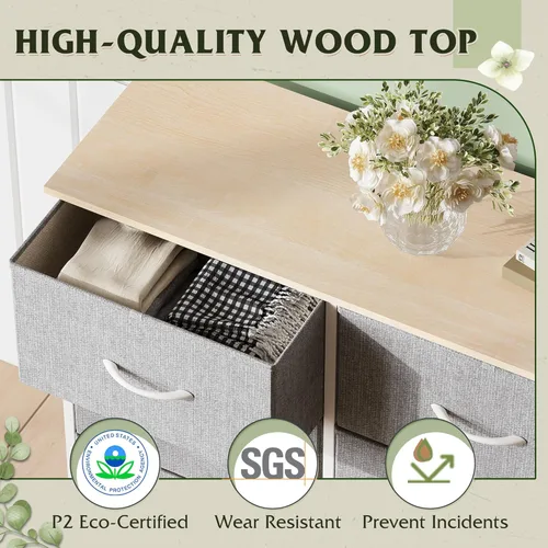 Vista 7 de WLIVE Cómoda de tela para dormitorio, cómoda doble de 6 cajones, torre de almacenamiento con cubos de tela, cómoda para armario, sala de estar, Gris