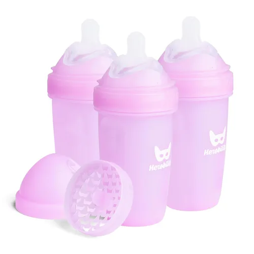 Vista 20 de Herobility Botellas Anti-Cólico Dobles para Bebé – 5 fl oz/140ml – Paquete de 4 – Multicolor – Blanco, Gris, Rosa, Rosa de Hawthorn
