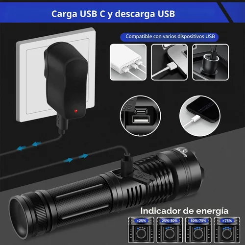 Vista 3 de Esgofo Linternas de alto lúmenes 10000 recargables, luz LED de mano súper brillante, potentes linternas de emergencia, impermeables, de larga