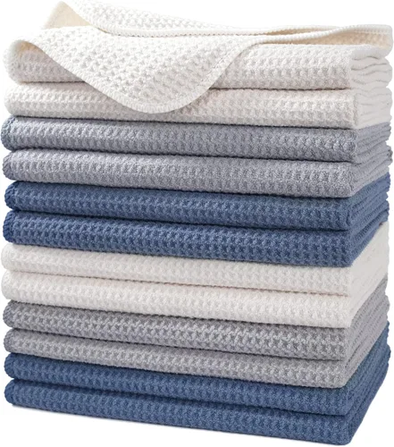Vista 8 de POLYTE - Paños de cocina de microfibra premium con textura de gofre, paquete de 12 (12 x 12 pulgadas, azul oscuro, gris, blanco claro)