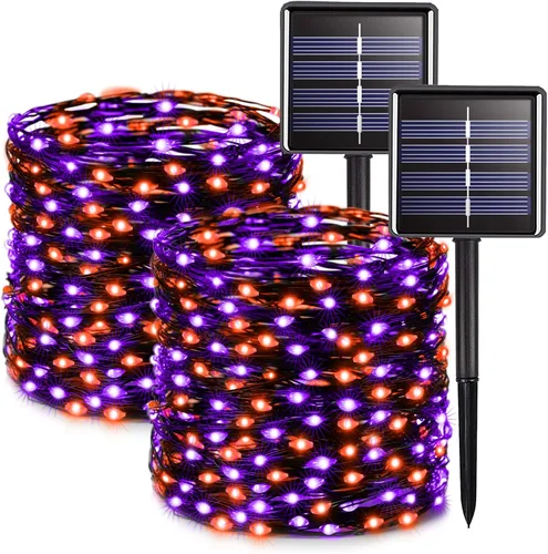 Vista 21 de JMEXSUSS Paquete de 4 tiras de 100 luces LED solares para exteriores, 33 pies, luces solares blancas para exteriores, impermeables, 8 modos, luces