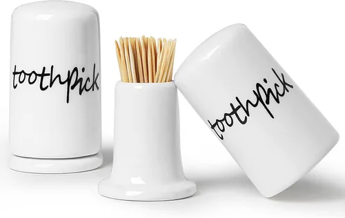 Dispensador de palillos de dientes de cerámica con tapa, juego de 2, color blanco | Ceramic, set of 2, with lid, white, dust-proof, easy to clean,