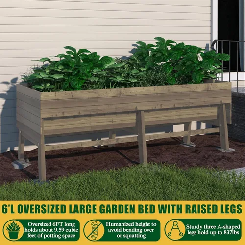 Vista 4 de MUPATER Cama de jardín elevada 7 en 1 para exteriores para verduras con patas, maceta grande elevada de madera con diseño de forro para hierbas