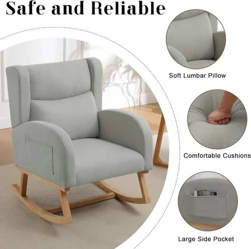 Vista 5 de Mecedoras para guardería, mecedoras tapizadas, mecedoras deslizantes para sala de estar, dormitorio, cómoda silla mecedora de lino con respaldo