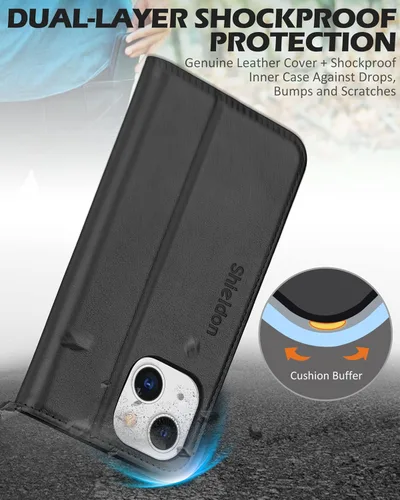 Vista 6 de SHIELDON Funda para iPhone 13 Mini 5G, cartera de piel auténtica, cierre magnético, ranuras para tarjetas, función atril, funda de protección Negro