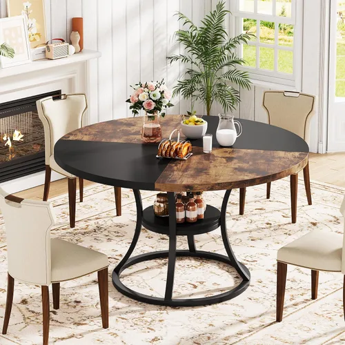 Vista 10 de Mesa de comedor redonda de 47 pulgadas para 4-6 personas con estante de almacenamiento, granja Asientos 4 – 6 estantes de almacenamiento