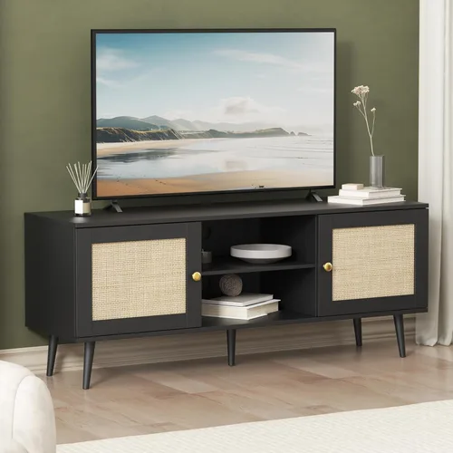 Furnify Soporte de TV de ratán para TV de 50/55/60 pulgadas, centro de entretenimiento bohemio de 53 pulgadas con almacenamiento, consola multimedia
