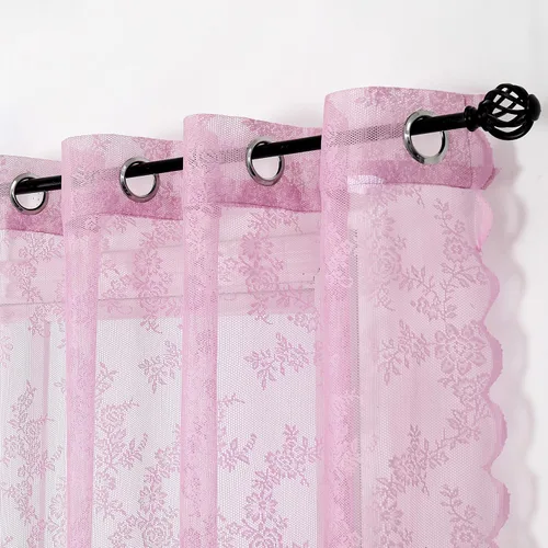 Vista 6 de Cortinas traslúcidas de encaje rosa para dormitorio, 55 x 54 pulgadas, paneles de cortina de encaje con rosas florales francesas, cortinas duraderas