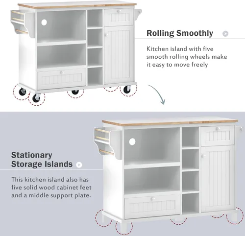 Vista 94 de P PURLOVE Carrito de isla de cocina con parte superior de madera y ruedas de bloqueo, carrito móvil de isla de cocina con armario de 4 puertas