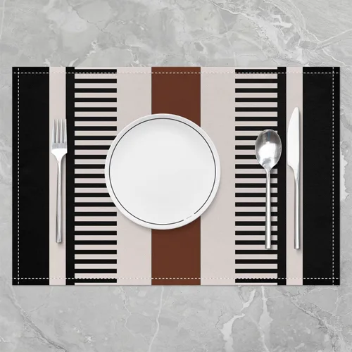 Vista 2 de Juego de 4 manteles individuales color negro, beige y marrón, con rayas geométricas, estilo bohemio para hombres, mujeres y adultos, estilo simple