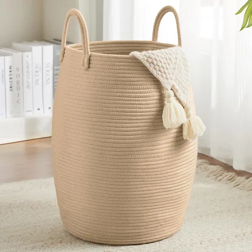 Vista 14 de Canasta de lavandería de cuerda de algodón Fiona's magic, cesta de lavandería tejida grande de 65L, cesto alto para ropa sucia para guardar mantas