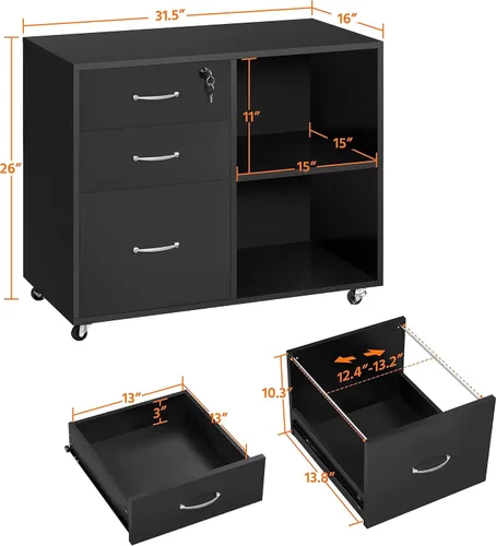 Vista 3 de Yaheetech Archivador negro con cerradura para carta, tamaño A4, soporte de impresora lateral de 3 cajones con compartimentos de almacenamiento