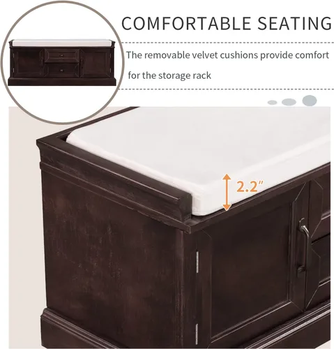 Vista 7 de Merax Banco de entrada clásico de madera con cajones y cojín de asiento para pasillo puerta delantera Espresso