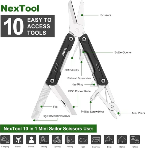 Vista 7 de NexTool Llavero multiherramienta, mini tijeras de marinero, mini multiherramienta 10 en 1 con cuchillo de bolsillo EDC, mini alicates, abrebotellas