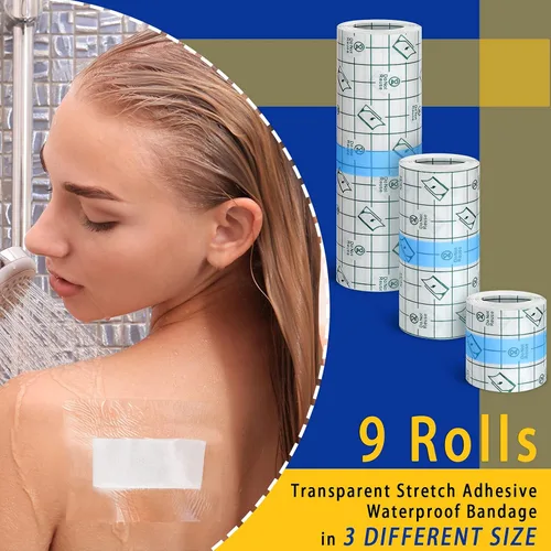 Vista 6 de Nuanchu 9 rollos de vendaje para cuidado posterior de tatuajes, impermeable, transparente, cinta adhesiva transparente para natación, 3 tamaños