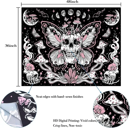 Vista 5 de kampdream Tapiz floral de calavera, esqueleto, hongo, gótico, jardín, tapiz estético para dormitorio (36.00 x 48.00 pulgadas, negro rosa)