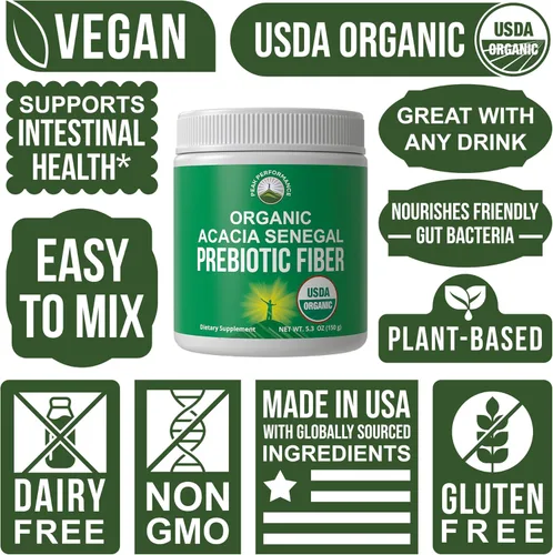 Vista 3 de Peak Performance Polvo de fibra prebiótica orgánica de Acacia Senegal – Sin sabor USDA Prebióticos veganos solubles a base de plantas Suplemento