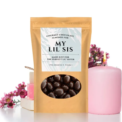 Vista 8 de Little Sister - Almendras de chocolate oscuro, regalos de dulces gourmet para hermanas pequeñas, regalos lindos para hermanos para niñas, rellenos