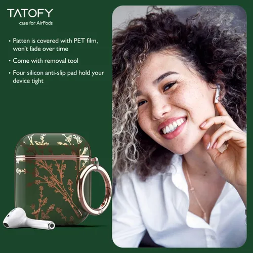 Vista 6 de TATOFY Funda rígida para AirPods 1 y 2, elegante y bonitos patrones de flores, funda protectora rígida con llavero de clip