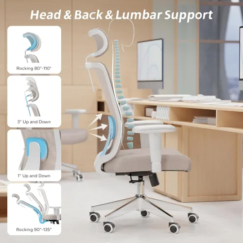 Vista 3 de Silla de oficina ergonómica, silla de escritorio de malla con reposacabezas ajustable y reposabrazos 2D, sillas de computadora con soporte lumbar