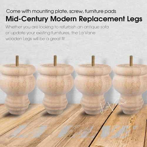 Vista 2 de La Vane Patas para muebles de madera maciza sin terminar de 3 pulgadas (3.1 in) – 4 patas de moño con perno M8 preperforado y placa de montaje