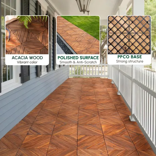 Vista 3 de BEEFURNI 10PCS Interlocking Deck Tiles 12" x 12" - Diagonal Pattern, Waterproof Acacia Wood Decking for All Weather Use - Patio, Balcony, Porch