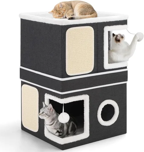 Casa de Gato de 2 Pisos para Gatos de Interior, Separable en 2 Grandes Camas de Gato Cueva con Condominios Escondidos, Almohadillas para Rascar,