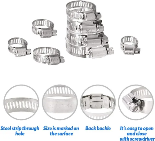 Vista 5 de Glarks Juego surtido de abrazaderas de manguera de engranaje helicoidal ajustable de acero inoxidable 304 de 8 a 1.732 in, abrazadera de línea