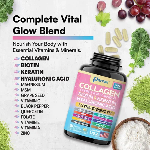 Vista 7 de Péptidos de colágeno Parrox Tipos I, II, III, V y X, Biotina MCG, Queratina, Ácido Hialurónico, MSM, Zinc, Extracto de semilla de uva, Quercetina