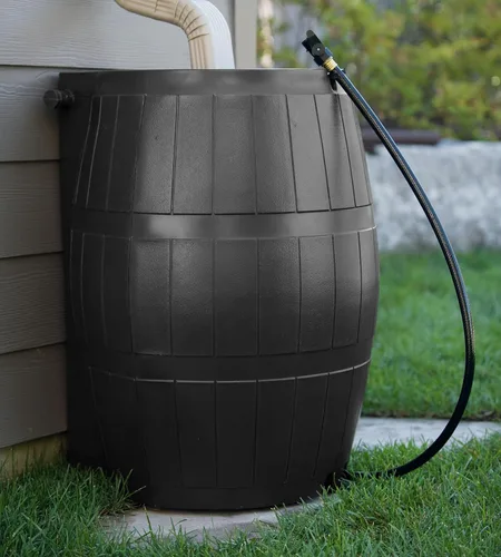 Vista 6 de FCMP Outdoor RC4000-BLK Barril recolector de agua, 50 galones, sin bisfenol A, parte trasera plana, para el hogar, almacenamiento de agua, regar