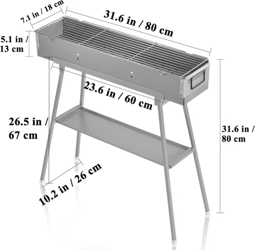 Vista 2 de Parrillas de carbón portátiles, parrilla de barbacoa de acero inoxidable con soporte plegable, rejillas de ventilación ajustables, kit de parrilla
