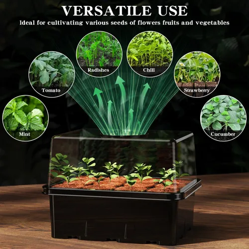 Vista 5 de NBPLUS Bandeja de inicio de semillas con luz de crecimiento, paquete de 5 60 celdas kit de inicio de semillas con cúpula de humedad y base, bandejas