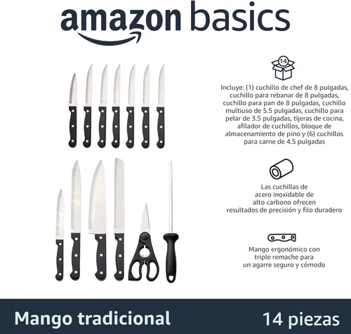 Vista 2 de Yaxa BasicsJuego de cuchillos de cocina de 14 piezas, cuchillas de acero inoxidable de alto carbono con bloqueo de madera de pino, negro